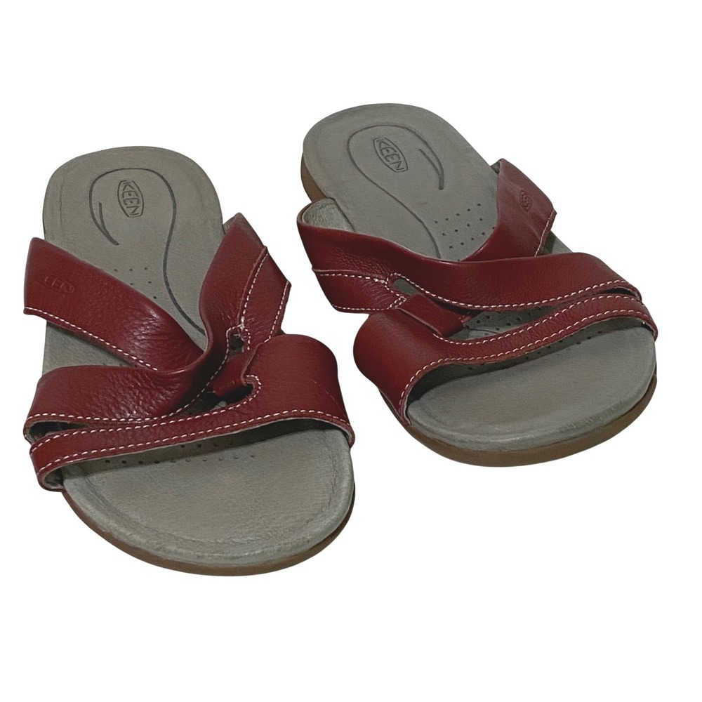 Keen Rose City Red Leather Slide Sandals Contrast Stitching Size 8.5 Gorpcore